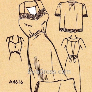 May include: A vintage sewing pattern for a women's nightgown with lace trim. The pattern includes a long nightgown, a short nightgown, and a robe. The pattern number is A4616.