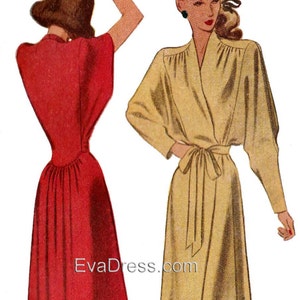 May include: Illustration of two vintage dresses. One is a long, red dress with a fitted bodice and flowing skirt. The other is a long, beige dress with a wrap-style top and a tie at the waist. The dresses are from EvaDress.com.