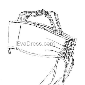 May include: A black and white line drawing of a corset with a lace top and a lace-up back. The corset is designed with a curved shape and a pointed bottom. The text "EvaDress.com" is printed on the front of the corset.