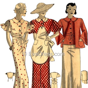 1933 Garden Ensemble of Pajamas and Apron Pattern by EvaDress - Very rare design!