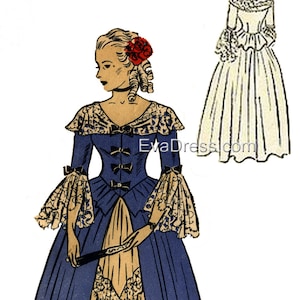 Puede incluir: Una ilustración vintage de una mujer con un vestido azul y beige con ribete de encaje. El vestido tiene un corpiño ajustado con un escote bajo y una falda completa. La mujer lleva una flor roja en el pelo y tiene un abanico en la mano. La ilustración es en blanco y negro con algo de color añadido.