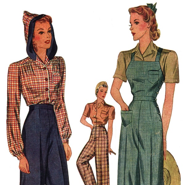 1940 Wide Leg Trousers and Overalls with Hooded Blouse DIGITAL PATTERN set A (32" to 38" bust) by EvaDress