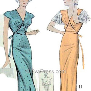 Può includere: Un'illustrazione vintage di un modello di cucito di due donne che indossano lunghi abiti fluidi. L'abito a sinistra è blu-verde con pois bianchi e l'abito a destra è arancione chiaro. Entrambi gli abiti hanno un corpetto stile avvolgente e sono stretti in vita con una cintura. Il modello è etichettato con i numeri romani I e II.