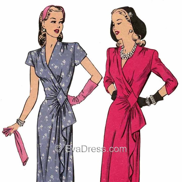 1943 Wrap Dress Multi-size DIGITAL Pattern by EvaDress 40" to 46" bust