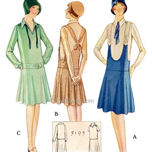 May include: A vintage sewing pattern illustration showing three different styles of dresses. The first dress is green with a V-neck and a belt. The second dress is brown with a V-neck and straps. The third dress is blue with a white top and straps. The pattern number is 5195.