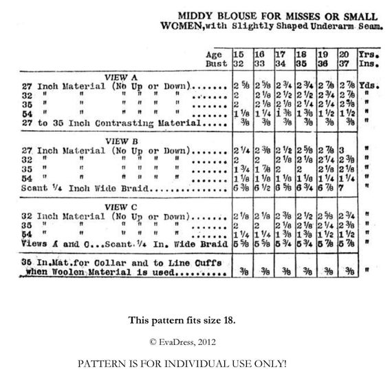1924 Middy Blouse Evadress Pattern 36 Bust Etsy