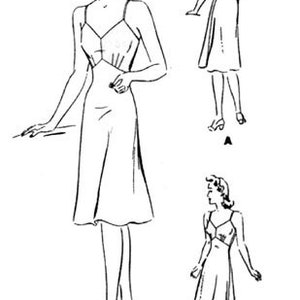 Könnte beinhalten: Linienzeichnung einer Schlupfkleid mit dünnen Trägern. Das Kleid hat einen V-Ausschnitt und ein tailliertes Oberteil. Der Rock ist weit und fließt bis zum Saum. Die Illustration zeigt das Kleid von vorne und hinten.
