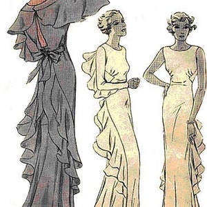 May include: Illustration of three vintage dresses. The first is a dark gray gown with a ruffled skirt and back detail. The second is a light yellow dress with a ruffled skirt and cape-like sleeves. The third is a light yellow dress with a ruffled skirt.
