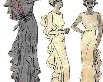 May include: Three vintage illustrations of women wearing long, flowing gowns with ruffles. The gowns are in shades of gray, beige, and white. The illustrations are from a fashion magazine.