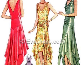May include: Illustration of three vintage dresses in red, yellow floral, and green. The dresses have asymmetrical hems and are sleeveless. A small purple dress is also shown. The website address "EvaDress.com" is visible.