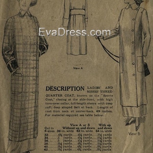 May include: A vintage sewing pattern for a women's three-quarter length coat. The pattern includes instructions for a high collar, full-length sleeves with deep cuffs, and a shaped belt at the back. The pattern is for sizes 32 to 42 inches.