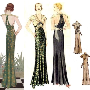 May include: Vintage fashion illustrations of elegant evening gowns. The gowns feature a variety of designs, including floral patterns, halter necklines, and flowing silhouettes. The color palette includes shades of green, black, and gold, showcasing the glamour of the era.