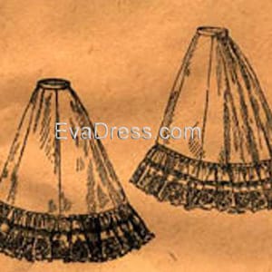 Puede incluir: Dos ilustraciones vintage de una falda con un dobladillo con volantes. Las faldas están dibujadas en blanco y negro sobre un fondo marrón. El texto "EvaDress.com" es visible en el centro de la imagen.