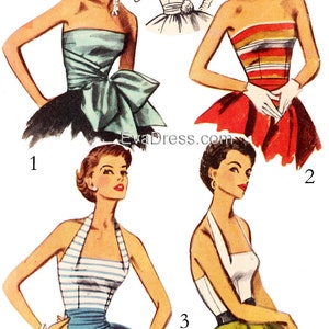 May include: Four vintage illustrations of women wearing different styles of strapless and halter dresses. The dresses are in various colors and patterns, including blue, red, white, and black. The illustrations are numbered 1 through 4.