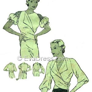 May include: A vintage illustration of a wrap-style blouse with a V-neckline and short sleeves. The blouse has a gathered detail at the shoulders and a fitted bodice. The illustration shows the blouse from the front and back, with a close-up of the neckline and sleeves.