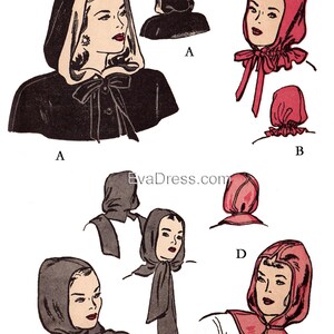 May include: A vintage illustration showing different styles of hooded caps. The illustration shows five different styles of hooded caps, including a black hooded cape, a red hooded cap with a bow, and a gray hooded scarf. The illustration is from a vintage sewing pattern.