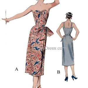 May include: A vintage sewing pattern illustration featuring two dresses. The dress on the left is a strapless, fitted dress with a floral print. The dress on the right is a simple, sleeveless dress with a solid blue color. The text "EvaDress.com" is visible in the center of the image.