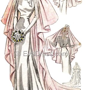 May include: A vintage illustration of a bride wearing a white wedding dress and a long, flowing veil. The veil is pink and has a scalloped edge. The bride is holding a bouquet of flowers. The illustration is from a vintage pattern for a wedding dress.