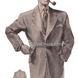 May include: Vintage illustration of a man in a herringbone pattern suit, hat, and tie, smoking a pipe. The image includes a smaller illustration of the suit's back and the text "EvaDress.com".