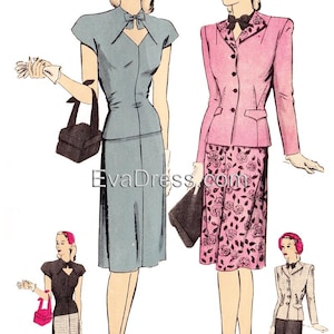 May include: Illustration of vintage women's fashion. One figure wears a grey suit with a bow detail, the other a pink suit with a floral skirt. Smaller figures show additional suit designs. The image includes the text "EvaDress.com".
