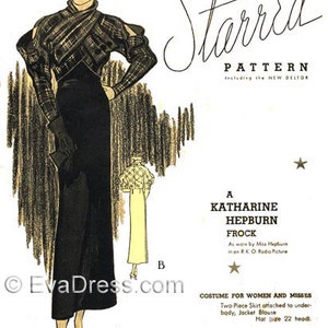 May include: A vintage black and white illustration of a woman wearing a black dress with a plaid jacket. The illustration is from a Butterick Starred Pattern, including the New Deltor. The text reads "A Katharine Hepburn Frock As worn by Miss Hepburn in an RKO Radio Picture".