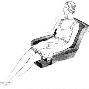 May include: A black and white line drawing of a person sitting in a chair wearing a sleeveless garment with a lace trim. The person is sitting with their legs crossed and their arms resting on the chair.