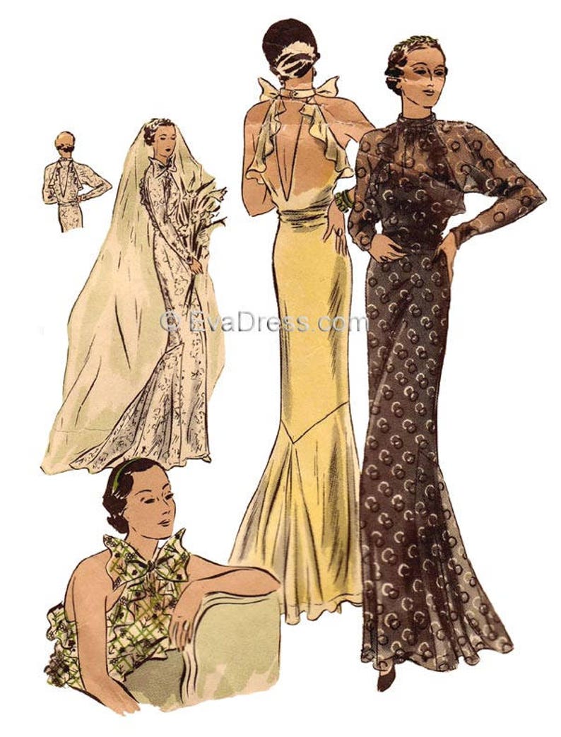 1930s Sewing Patterns- Dresses, Pants, Tops 1934 Evening or Wedding Gown Pattern by EvaDress $25.00 AT vintagedancer.com