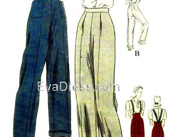 1945 Wide Leg Trousers and Clam Diggers 34" to 40" waist DIGITAL PATTERN by EvaDress