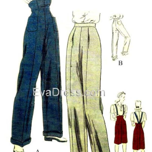 1945 Wide Leg Trousers and Clam Diggers 26" to 32" waist DIGITAL PATTERN by EvaDress