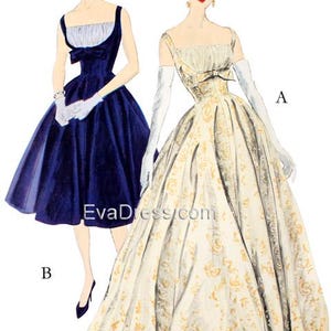 May include: Illustration of two vintage evening gowns. One is a navy blue dress with a bow and a full skirt. The other is a cream-coloured gown with a floral pattern, bow, and long white gloves. The website EvaDress.com is visible.