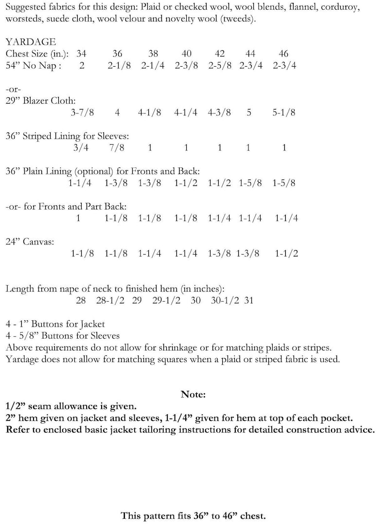 May include: A chart showing yardage requirements for a jacket pattern in various sizes. The chart lists the chest size in inches, and the yardage needed for different fabric types, including no nap, blazer cloth, striped lining, plain lining, and canvas. The chart also includes the length from the nape of the neck to the finished hem in inches.