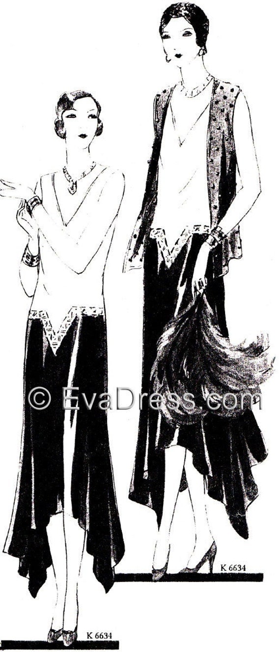 1929 Evening Frock & Vest With Handkerchief Hem Pattern by Evadress - Etsy