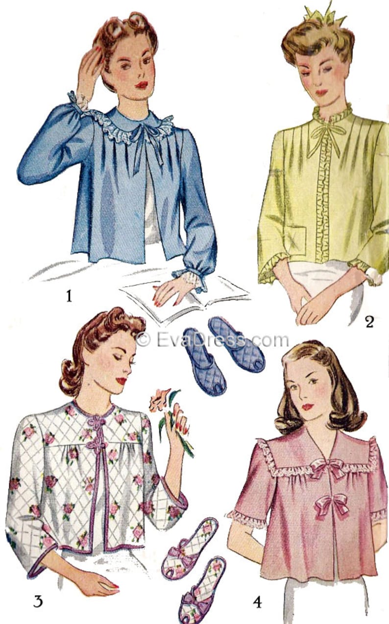 1940s Sleepwear: Nightgowns, Pajamas, Robes, Bed Jackets 1943 Bed Jacket & Slippers Pattern by EvaDress $12.00 AT vintagedancer.com