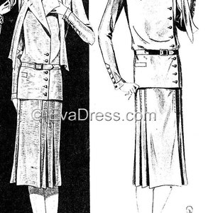 May include: A vintage fashion illustration of two women wearing a skirt and jacket ensemble. The women are wearing hats and have short hair. The illustration is in black and white and has a vintage feel. The text "K 33243" is at the bottom of the image.