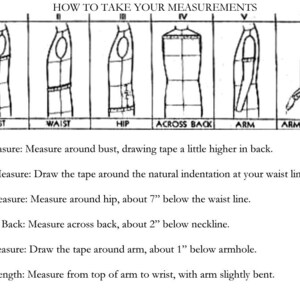 Op de afbeelding: Een diagram dat laat zien hoe je lichaamsmaten voor kleding kunt nemen. Het diagram toont zes verschillende maten: borstomvang, tailleomvang, heupomvang, rugbreedte, armlengte en armlengte. Elke maat wordt ge&iuml;llustreerd met een eenvoudige lijntekening van een persoon.