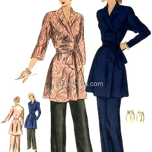 May include: Two women's fashion illustrations showing two different styles of wrap jackets and pants. The first woman is wearing a pink patterned wrap jacket with a black pair of pants. The second woman is wearing a navy blue wrap jacket with a pair of navy blue pants. Both women are wearing black shoes.
