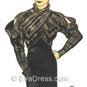 Puede incluir: Una ilustración en blanco y negro de una mujer con un vestido a cuadros y un sombrero negro. El vestido tiene un corpiño ajustado y una falda completa. La mujer está de pie con la mano derecha en la cadera y la mano izquierda sosteniendo un guante negro. La ilustración es de una revista de moda vintage.