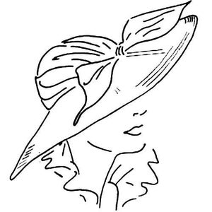 May include: A black and white line drawing of a woman wearing a large, wide-brimmed hat with a bow.