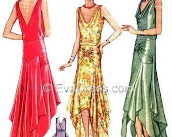 May include: Three women wearing different styles of 1920s dresses. The dresses are all knee-length and have a dropped waist. The first dress is red, the second is yellow with a floral pattern, and the third is green.