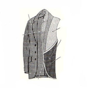 Könnte beinhalten: Eine Schwarzweißillustration eines Sakkos mit einem detaillierten Diagramm, das die verschiedenen Teile des Sakkos zeigt. Der Text "TAILORING" befindet sich oben im Bild. Der Text "HOW TO MAKE AND MEND TROUSERS, VESTS, AND COATS" befindet sich unter dem Titel. Der Text "WITH NUMEROUS ENGRAVINGS AND DIAGRAMS" befindet sich unter dem Text über Hosen, Westen und Mäntel. Der Text "Published by THE MASTER DESIGNER Chicago, III." befindet sich unten im Bild. Der Text "Copyrighted 1936 by Master Designer Edition of 1945" befindet sich unten im Bild.