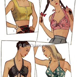 May include: Four illustrations of different halter tops with various patterns and colors. The tops are shown on four different women with different hairstyles. The tops are all cropped and have a halter neckline. The tops are all tied at the neck and have a bow at the back.