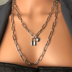 original all stainless steel layered wrap necklace layer paperclip chain faux padlock lock & 3D heart chunky necklace