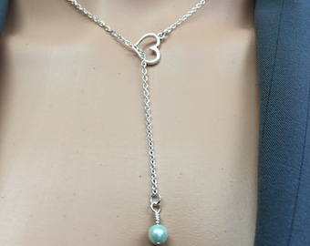 Original stainless steel open floating Silver Heart Y Lariat and glass pearl bead mother daughter sisters symbolic necklace jewelry