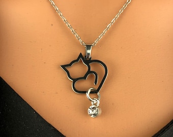 Original stainless steel Kitten Kitty Cat Pet heart w/crystal bead fur baby parent cat mom cat dad kitty lover unisex necklace