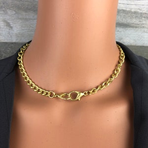gold necklaces unisex men nonbinary chunky statement thick link choker with double lobster clasp front closure matte gold punk goth unique