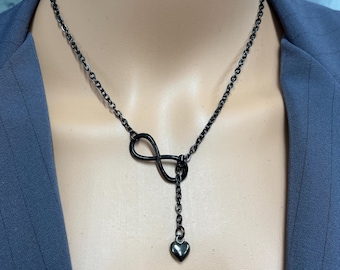 18" black stainless steel chain w/infinity floating 3D heart lariat Y minimalist symbolic necklace elegant jewelry NO CLASP necklace