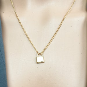 nonbinary dainty minimal necklace fake lock pendant minimalist fashion 18kt gold over sterling silver faux padlock & 14kt chain for her him