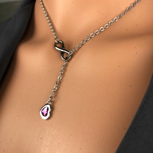 Original  steel infinity Y Lariat w/swarovski crystal dark pink heart drop mother daughter valentines galentines symbolic modern necklace