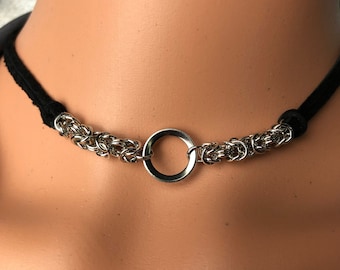 Infinity stainless steel O Ring Celtic handmade chain mail & 1/8" leather choker OOAK chunky necklace statement jewelry punk goth fan gift