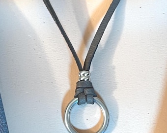 leather necklaces for women unisex men nonbinary silver O Ring & leather boho surfer double round accent bead gift for him 22 leather colors